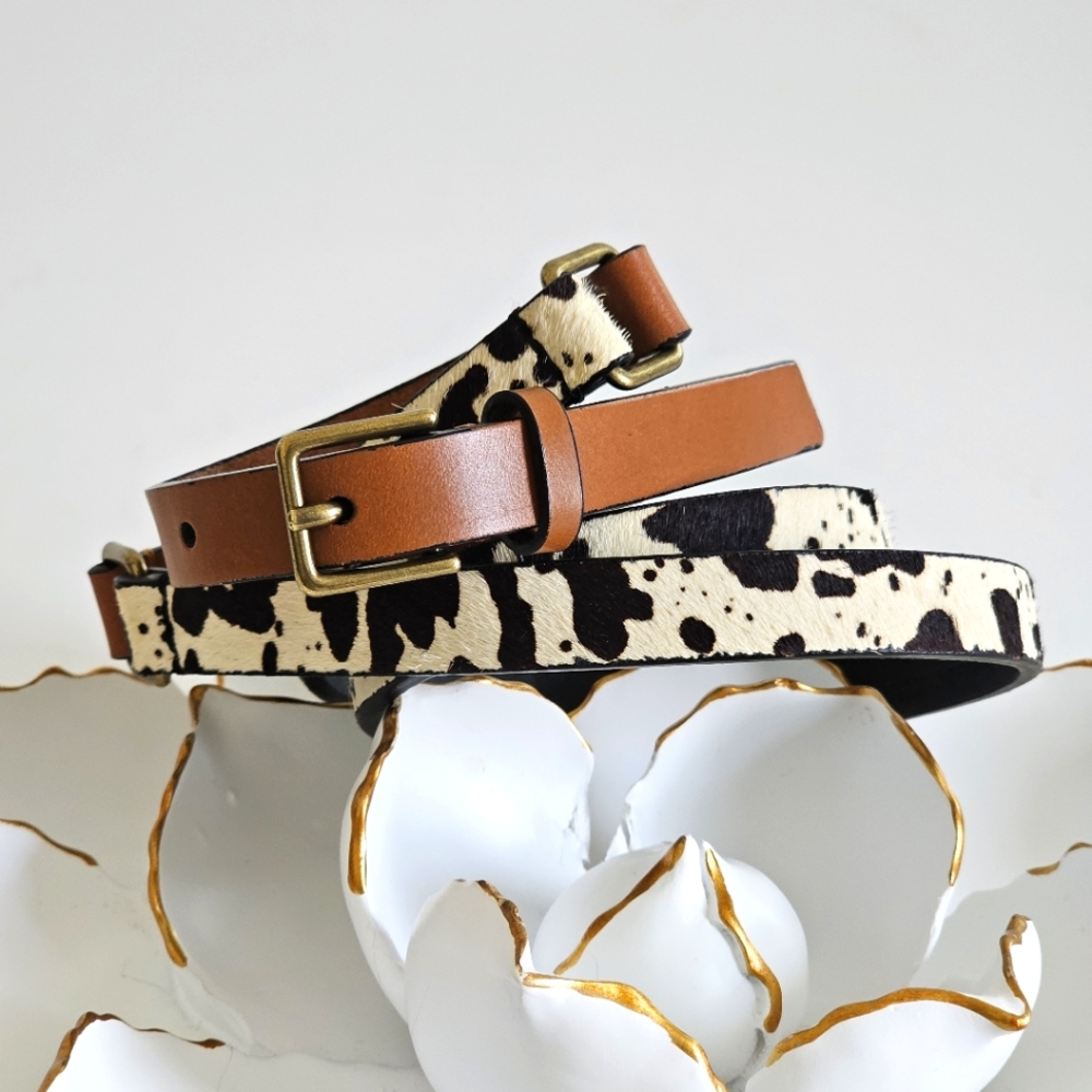 Banana Republic Cow Print Belt Calf Hair Leather Gold Buckle Size L